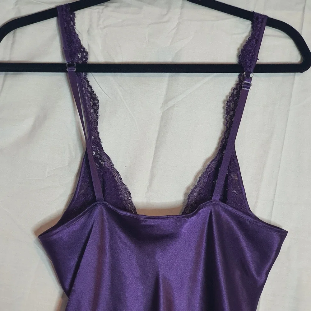 Vintage Victorias Secret Nightgown Medium Gold Label Purple Satin Lace Trim Maxi